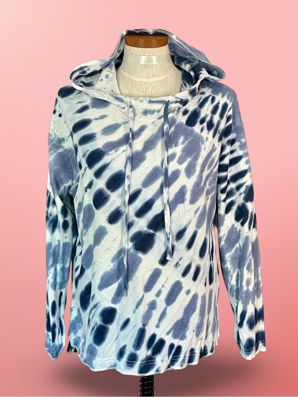 Jane and Delancey Tie-Dye Pullover Drawstring Long Sleeve Hoodie Blue White SzM